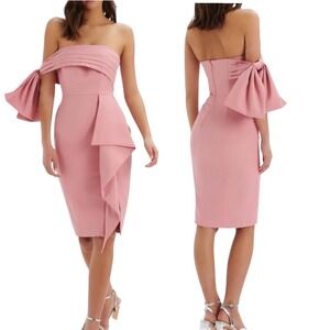 Lavish Alice Pink Strapless Bow Detail Ruffle Midi Dress US 6 NEW